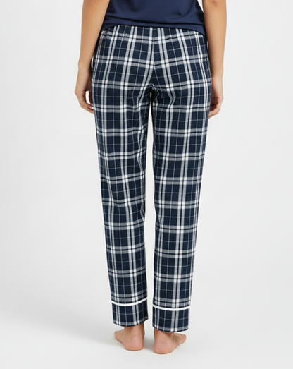 Women's Cuff Flannel Pant in Navy/Silver Plaid – model back