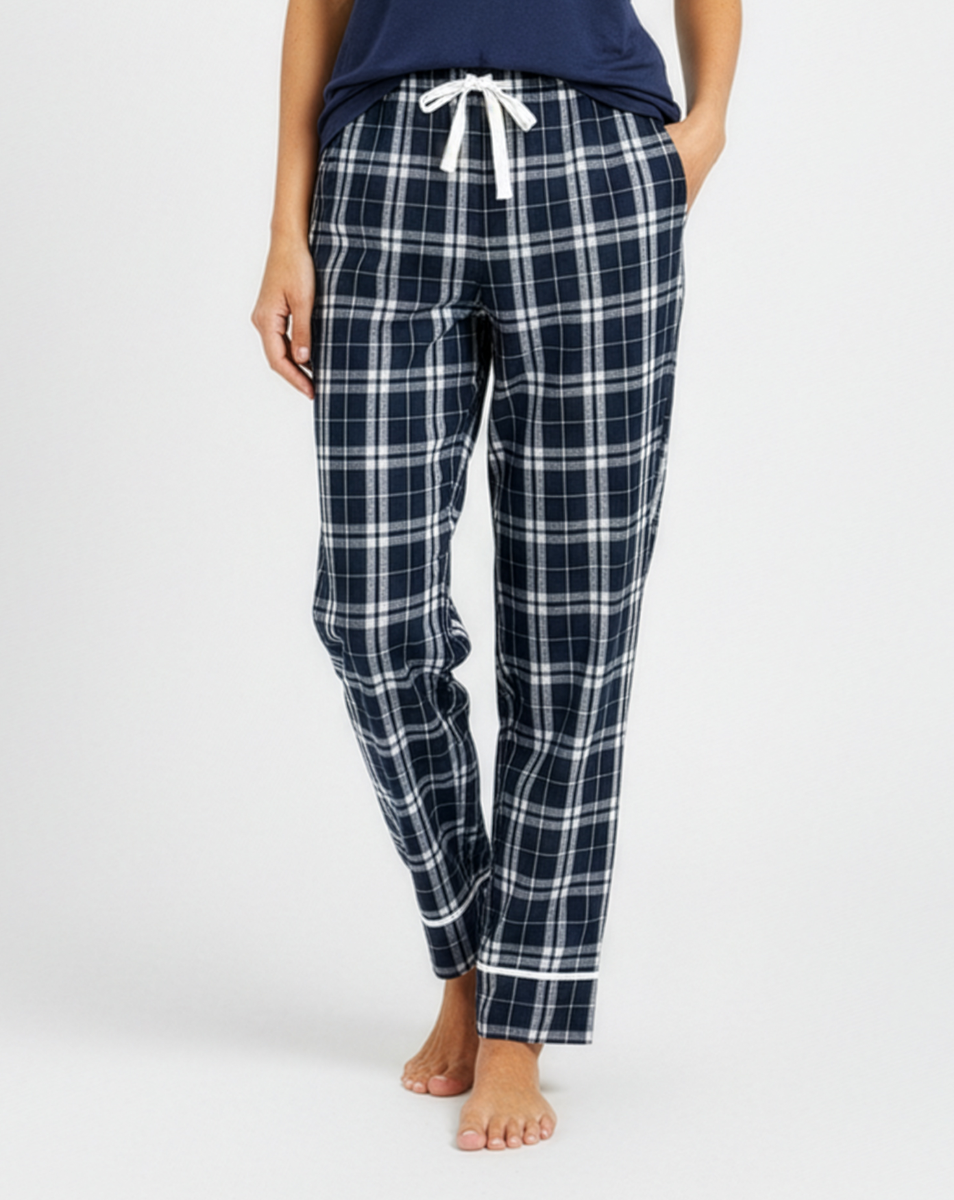 Women's Cuff Flannel Pant in Navy/Silver Plaid – model front