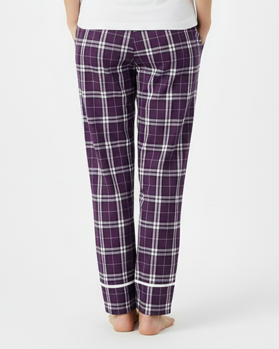 Women's Cuff Flannel Pant in Purple/White Plaid – model back