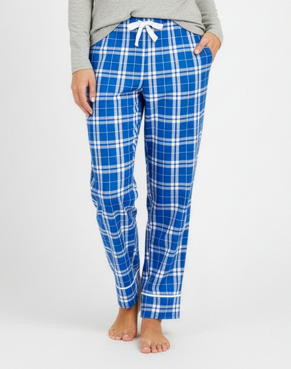 Women's Cuff Flannel Pant in Royal/Silver Plaid – model front