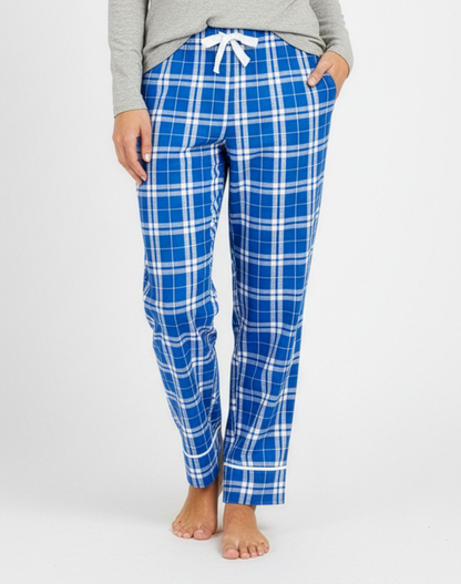 Women's Cuff Flannel Pant in Royal/Silver Plaid – model front