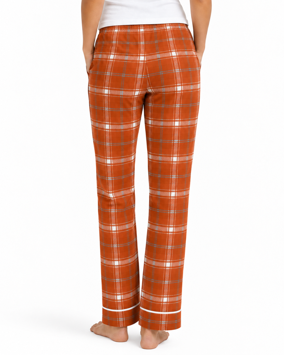 Women's Cuff Flannel Pant in Orange Harvest Varsity Plaid – model back