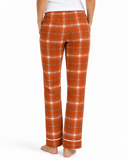 Women's Cuff Flannel Pant in Orange Harvest Varsity Plaid – model back