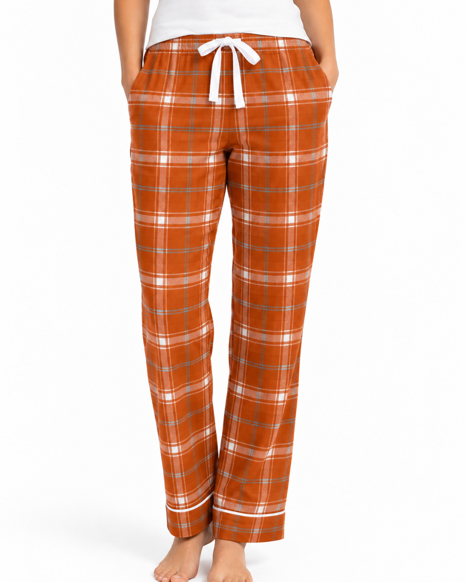 Women's Cuff Flannel Pant in Orange Harvest Varsity Plaid – model front