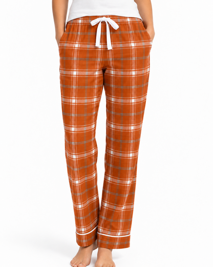 Women's Cuff Flannel Pant in Orange Harvest Varsity Plaid – model front