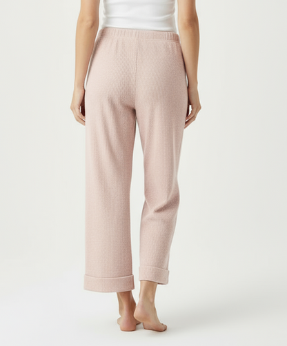 Women's Seersucker Pant in Pink/White Stripe – model back
