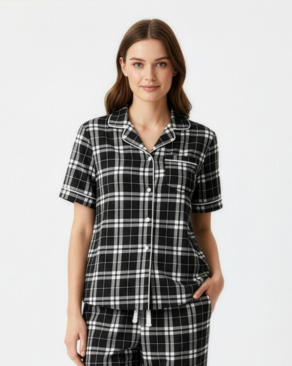 Boxercraft BW7101 Women's Boxy Flannel Shirt - Black/White Plaid - Model Front | Black/White Plaid