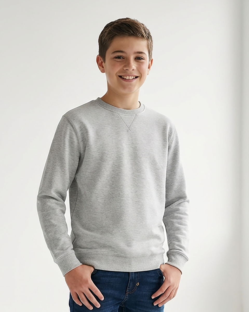 Kids' Core Fleece Crew in Ash Heather – model front