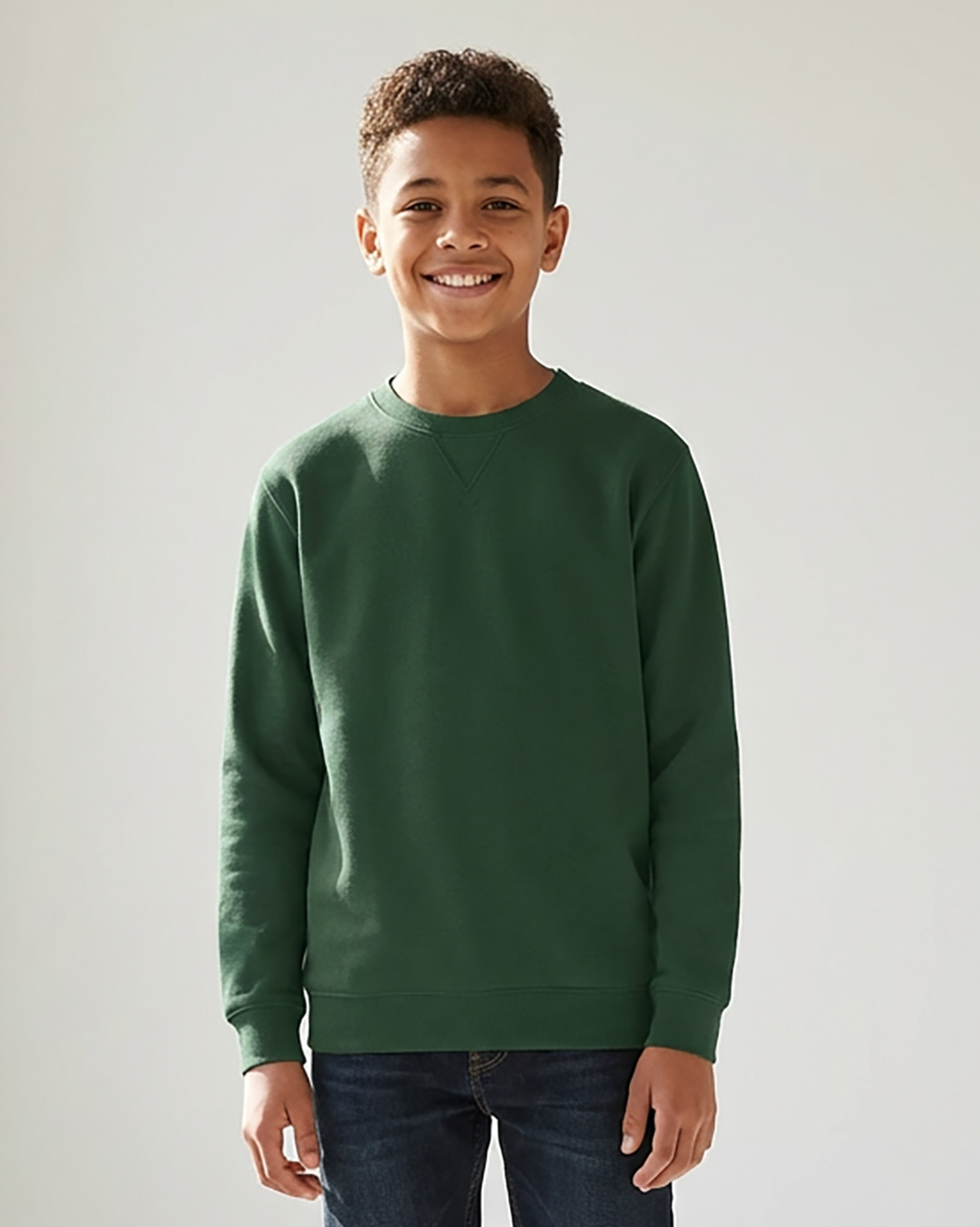 Kids' Core Fleece Crew in Dark Green – model front