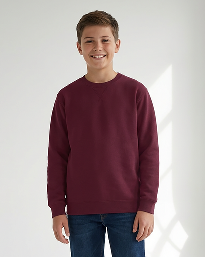 Kids' Core Fleece Crew in Maroon – model front