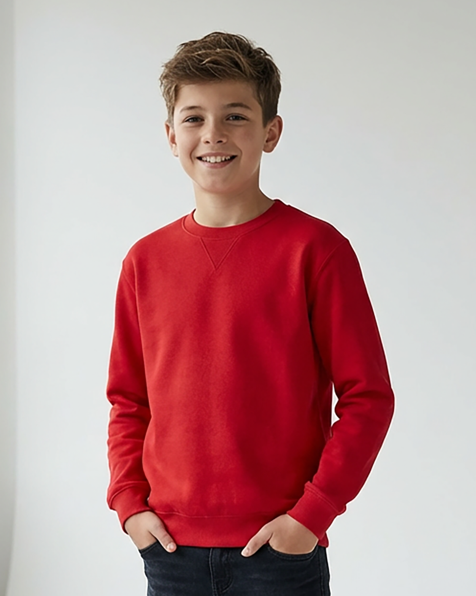 Kids' Core Fleece Crew in True Red – model front