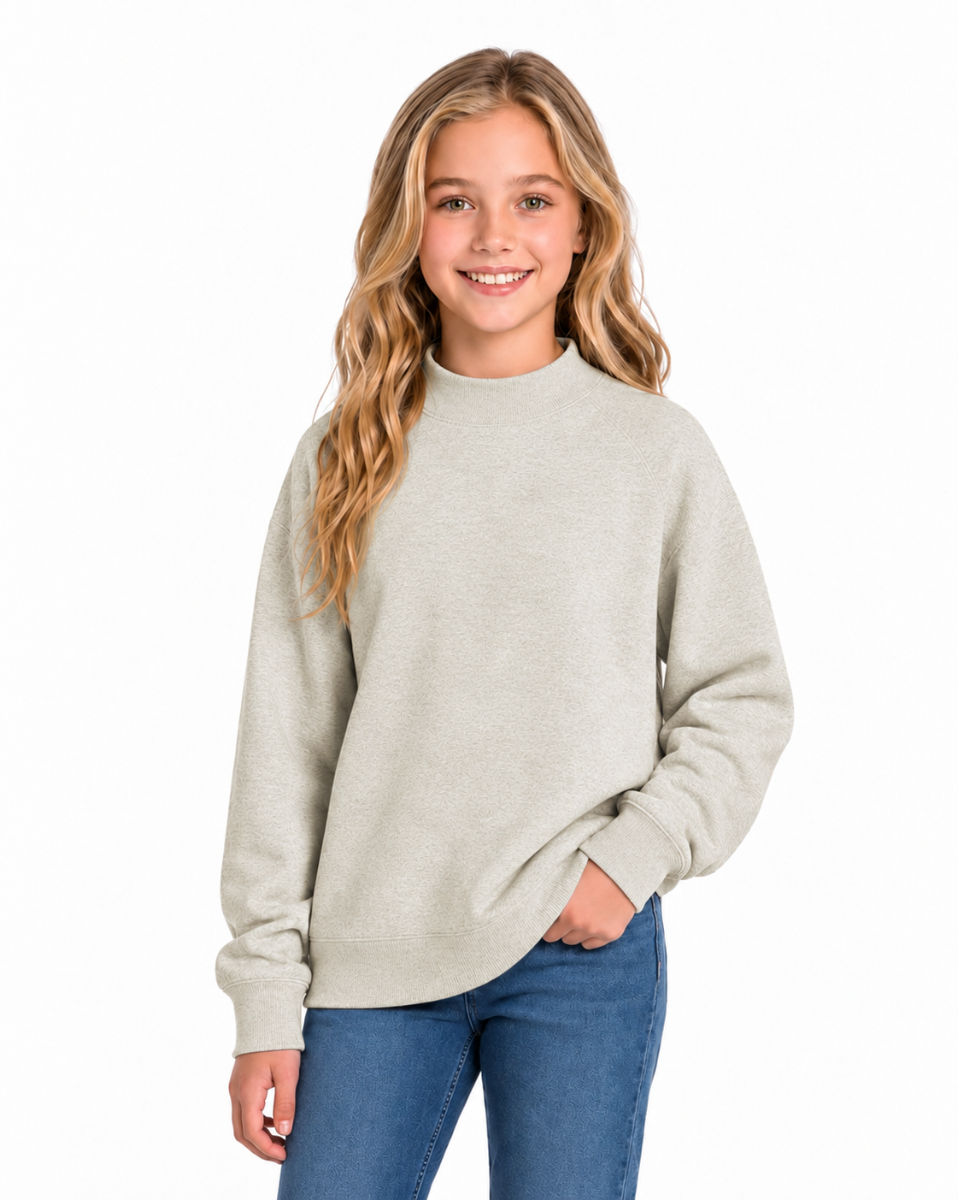Kids' Core Fleece Mock Neck in Oatmeal Heather – model front