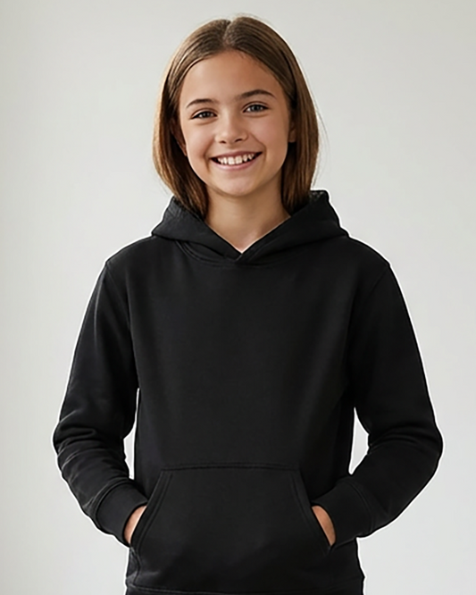 Kids' Core Fleece Hoodie in Black – model front