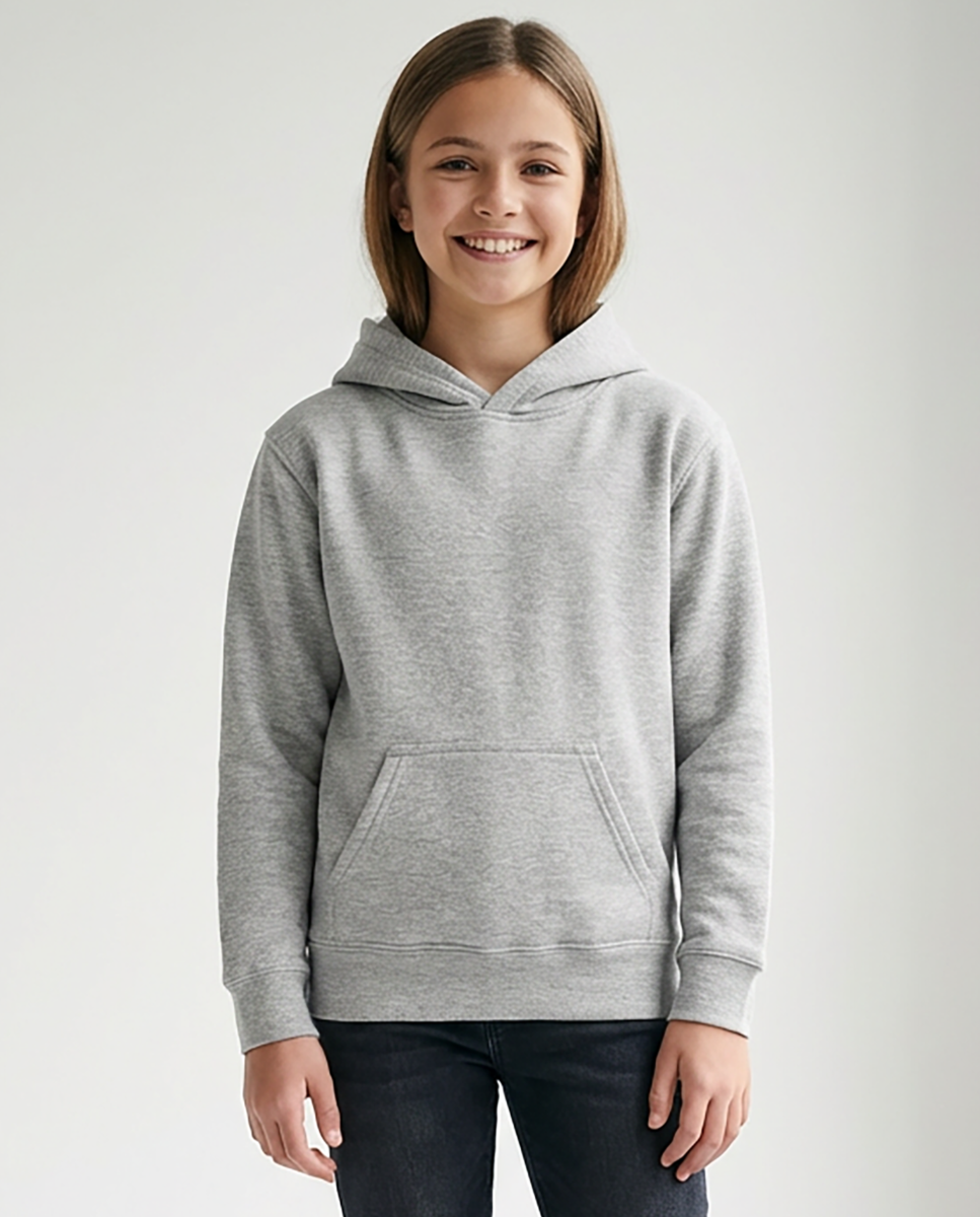 Kids' Core Fleece Hoodie in Oxford Heather – model front 2