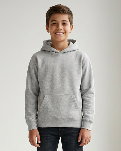 Kids' Core Fleece Hoodie in Oxford Heather – model front
