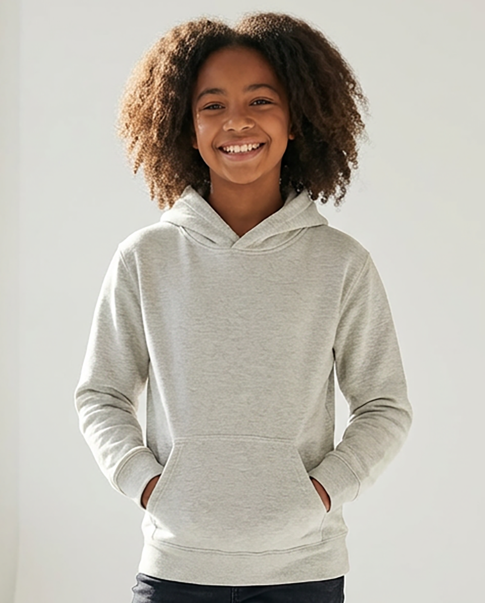 Kids' Core Fleece Hoodie in Ash Heather – model front