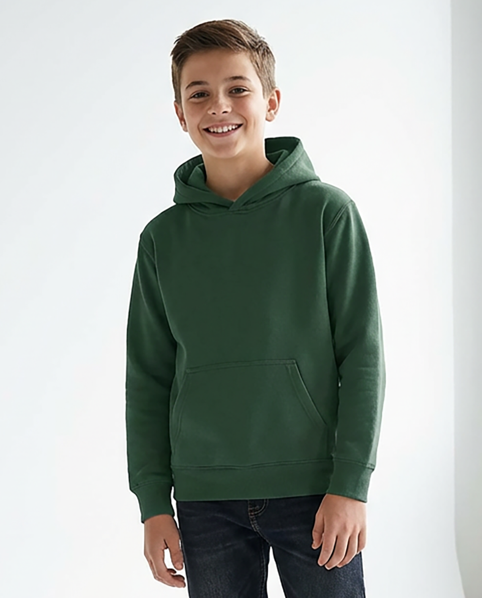 Kids' Core Fleece Hoodie in Dark Green – model front