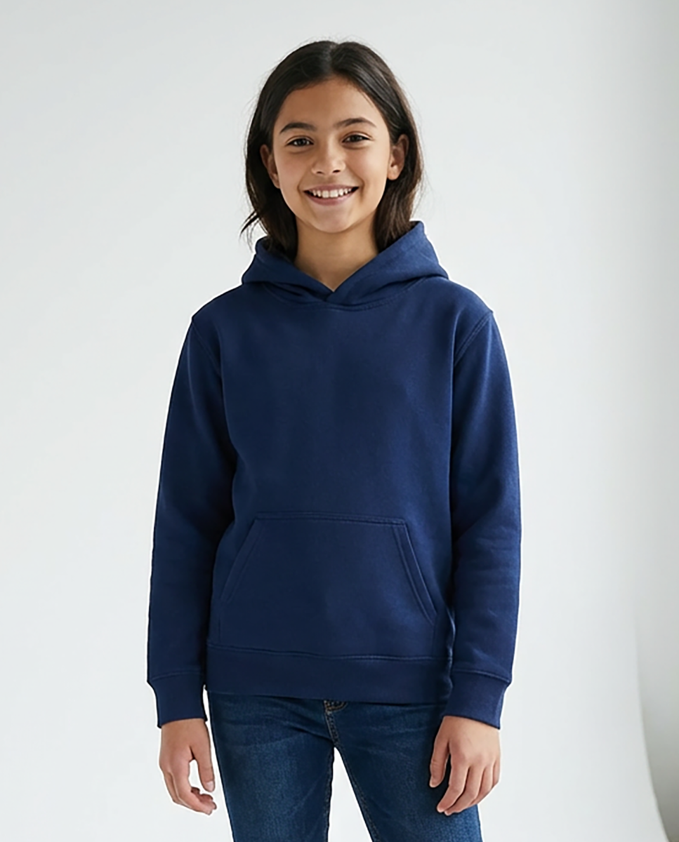 Kids' Core Fleece Hoodie in Navy – model front