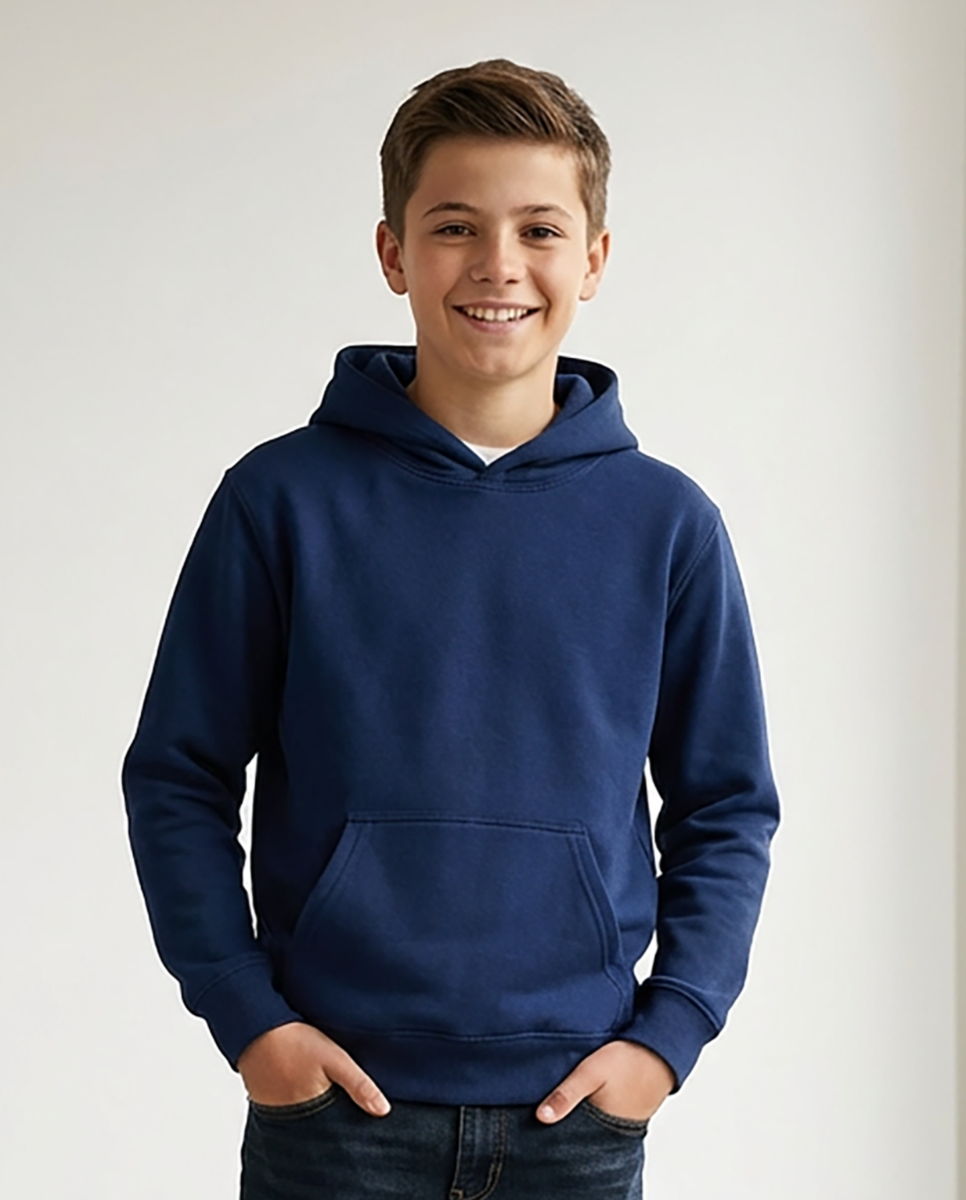 Kids' Core Fleece Hoodie in Navy – model front 2