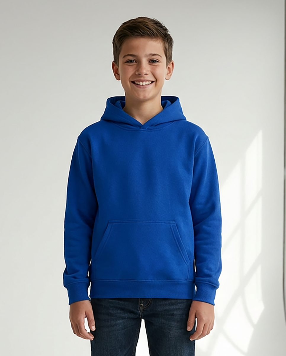 Kids' Core Fleece Hoodie in Electric Royal – model front