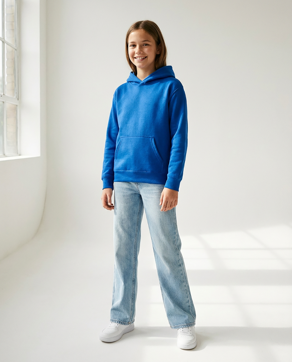 Kids' Core Fleece Hoodie in Collegiate Blue – model front