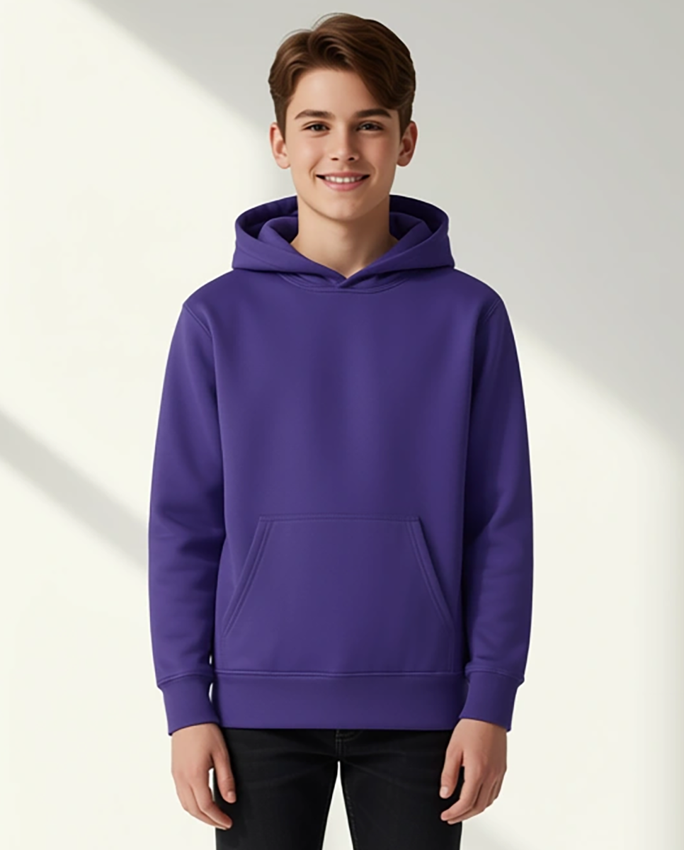 Kids' Core Fleece Hoodie in Purple – model front