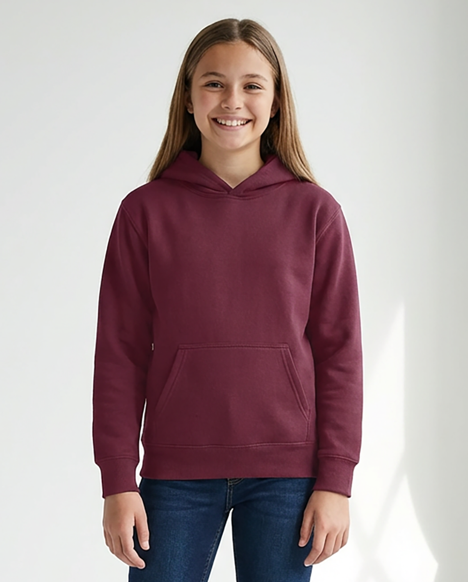 Kids' Core Fleece Hoodie in Maroon – model front