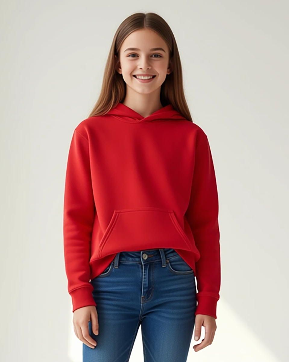 Kids' Core Fleece Hoodie in True Red – model front 2