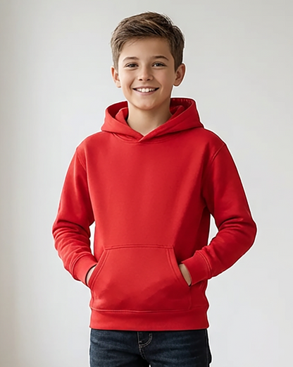 Kids' Core Fleece Hoodie in True Red – model front