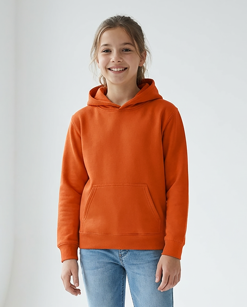 Kids' Core Fleece Hoodie in Orange – model front