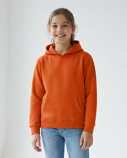 Kids' Core Fleece Hoodie in Orange – model front