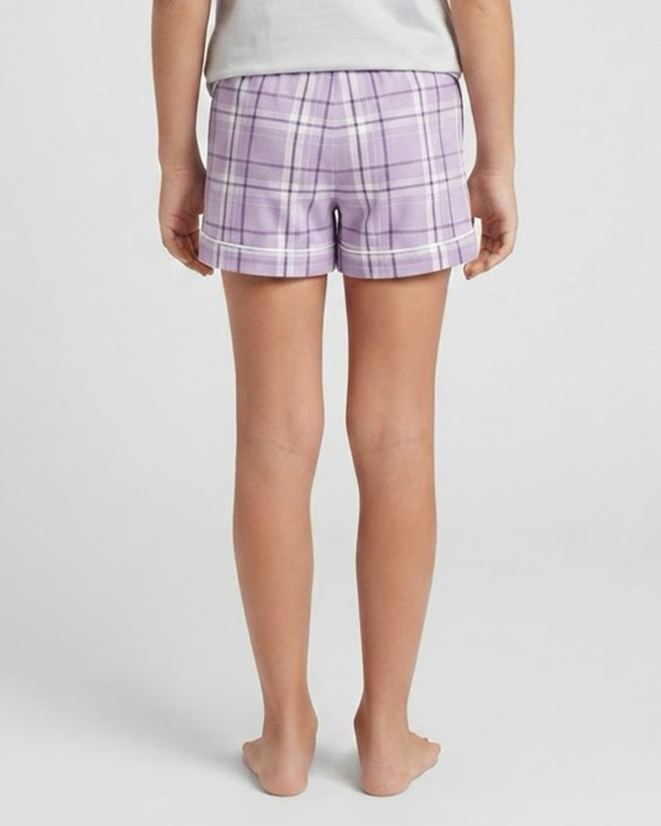 Boxercraft BY6501 Kids' Flannel Pajama Shorts - Lavender Carnegie Plaid - Model Back | Lavender Carnegie Plaid