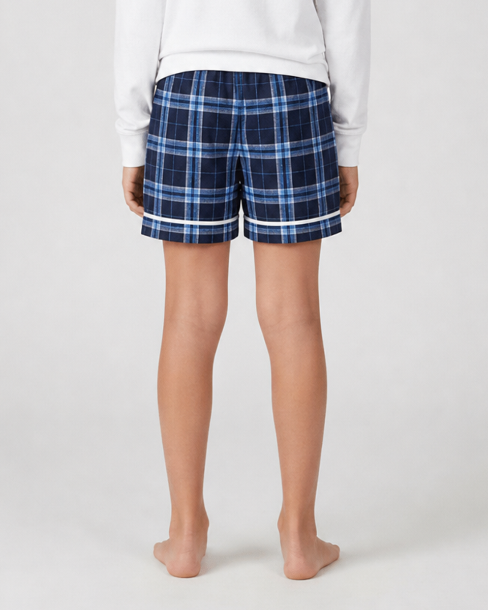 Boxercraft BY6501 Kids' Flannel Pajama Shorts - Navy/Columbia Plaid - Model Back | Navy/Columbia Plaid