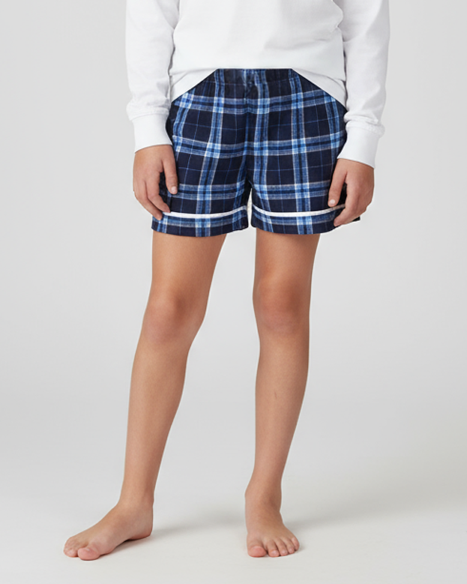 Boxercraft BY6501 Kids' Flannel Pajama Shorts - Navy/Columbia Plaid - Model Front | Navy/Columbia Plaid