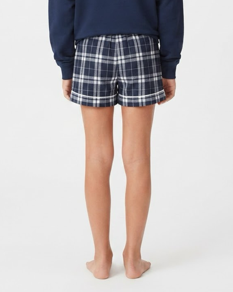 Boxercraft BY6501 Kids' Flannel Pajama Shorts - Navy/Silver Plaid - Model Back | Navy/Silver Plaid