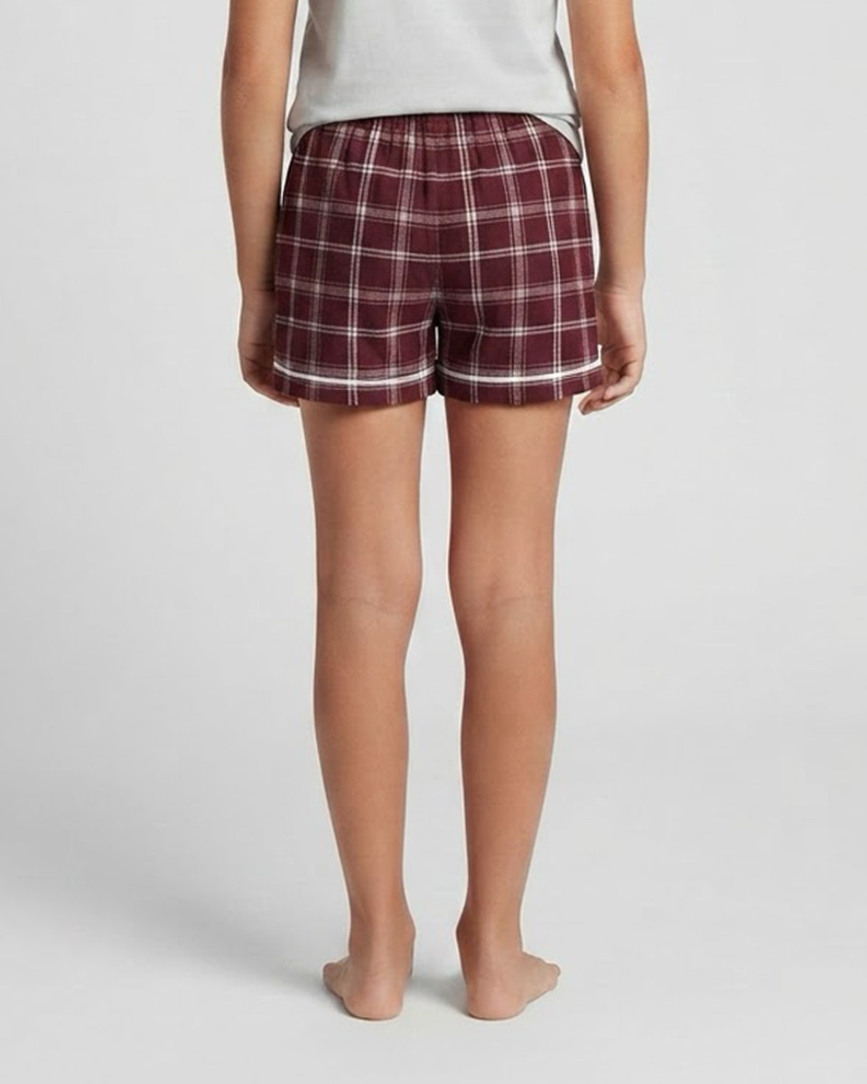 Boxercraft BY6501 Kids' Flannel Pajama Shorts - Varsity Maroon/Oxford - Model Back | Varsity Maroon/Oxford