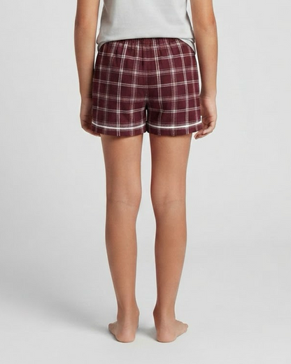 Boxercraft BY6501 Kids' Flannel Pajama Shorts - Varsity Maroon/Oxford - Model Back | Varsity Maroon/Oxford