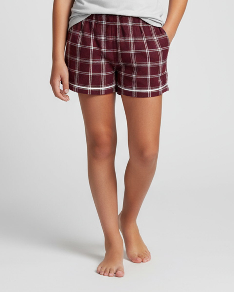 Boxercraft BY6501 Kids' Flannel Pajama Shorts - Varsity Maroon/Oxford - Model Front | Varsity Maroon/Oxford