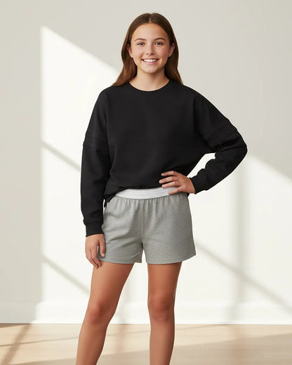 Boxercraft BY6504 Girls Essential Spirit Shorts - Oxford Heather - Model Front | Oxford Heather