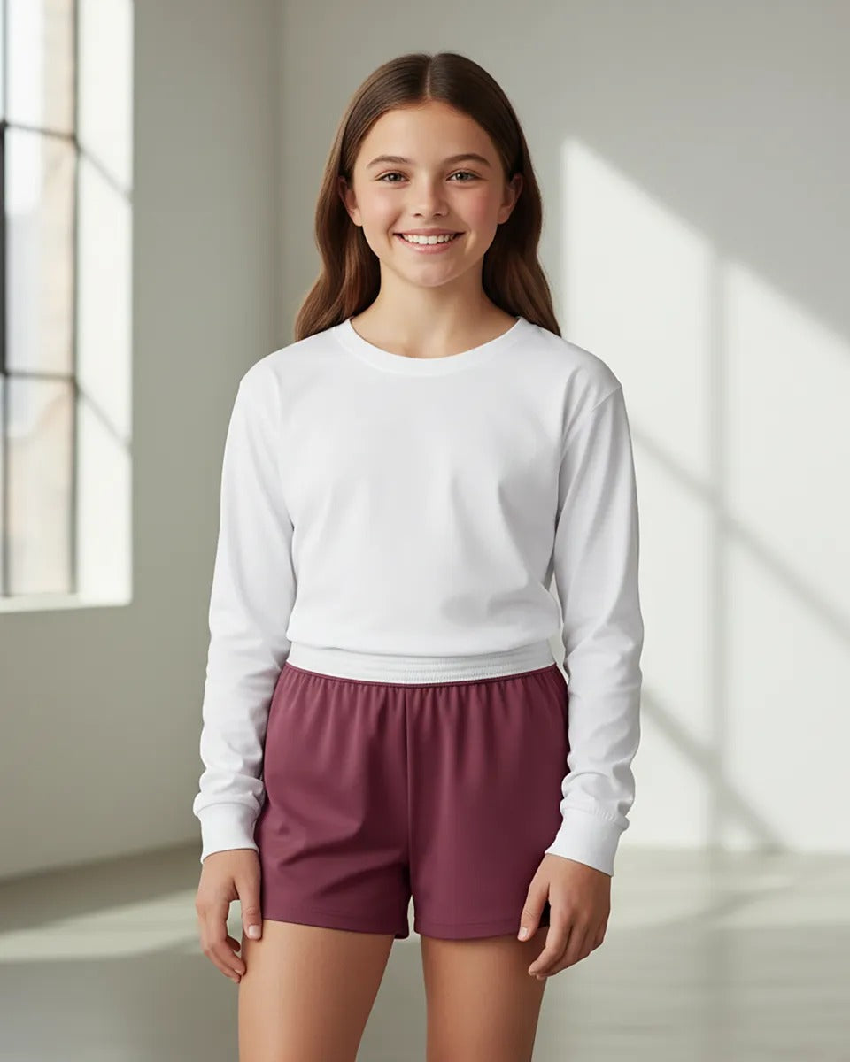 Boxercraft BY6504 Girls Essential Spirit Shorts - Maroon - Model Front | Maroon