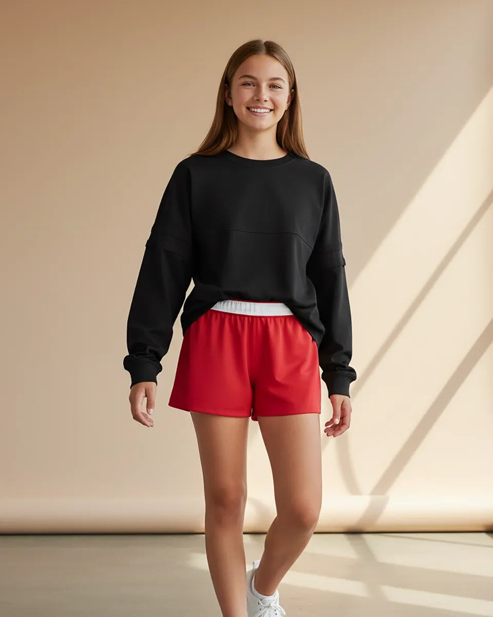 Boxercraft BY6504 Girls Essential Spirit Shorts - True Red - Model Front | True Red