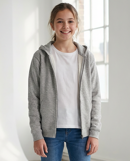 Kids' Core Fleece Full Zip in Oxford Heather – model front 2