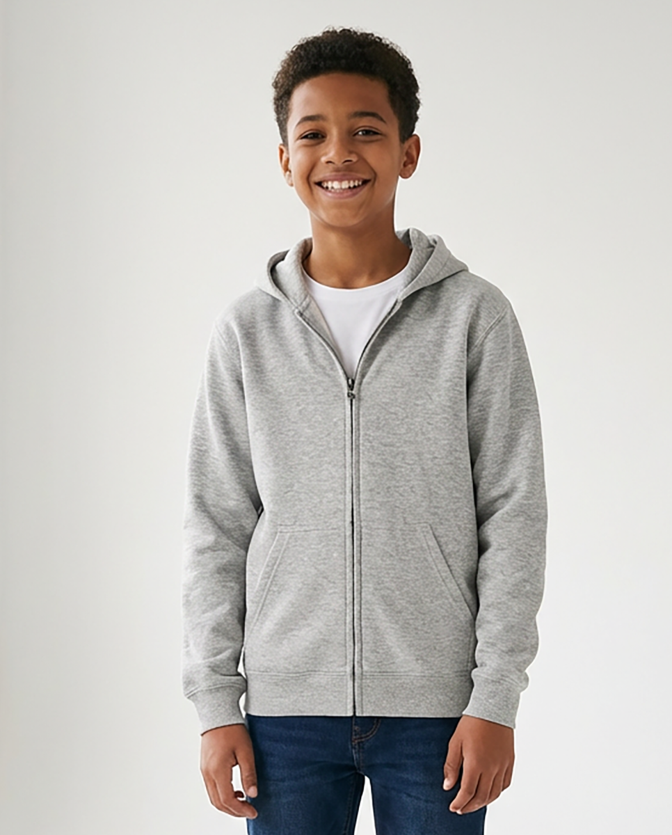 Kids' Core Fleece Full Zip in Oxford Heather – model front