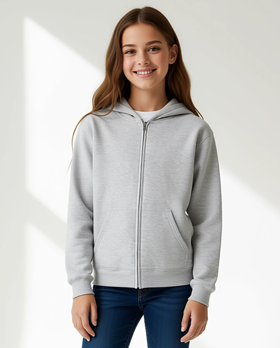 Kids' Core Fleece Full Zip in Ash Heather – model front