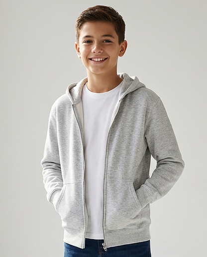 Kids' Core Fleece Full Zip in Ash Heather – model front 2