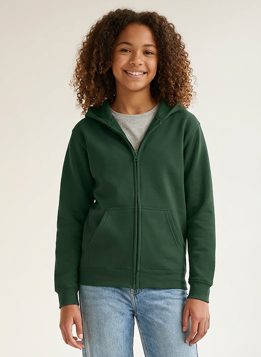 Kids' Core Fleece Full Zip in Dark Green – model front