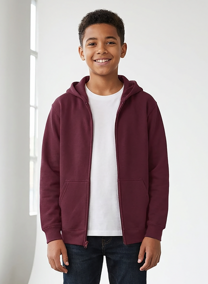 Kids' Core Fleece Full Zip in Maroon – model front