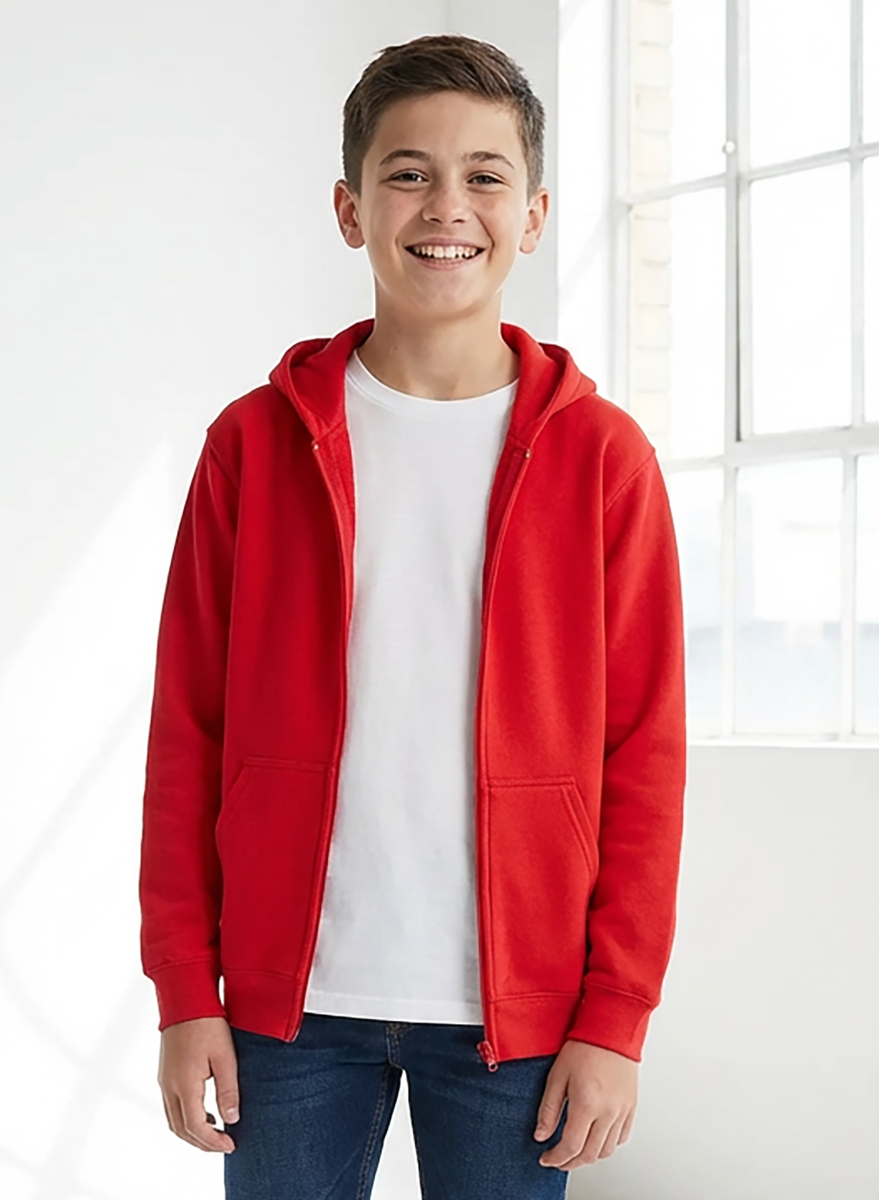 Kids' Core Fleece Full Zip in True Red – model front 2