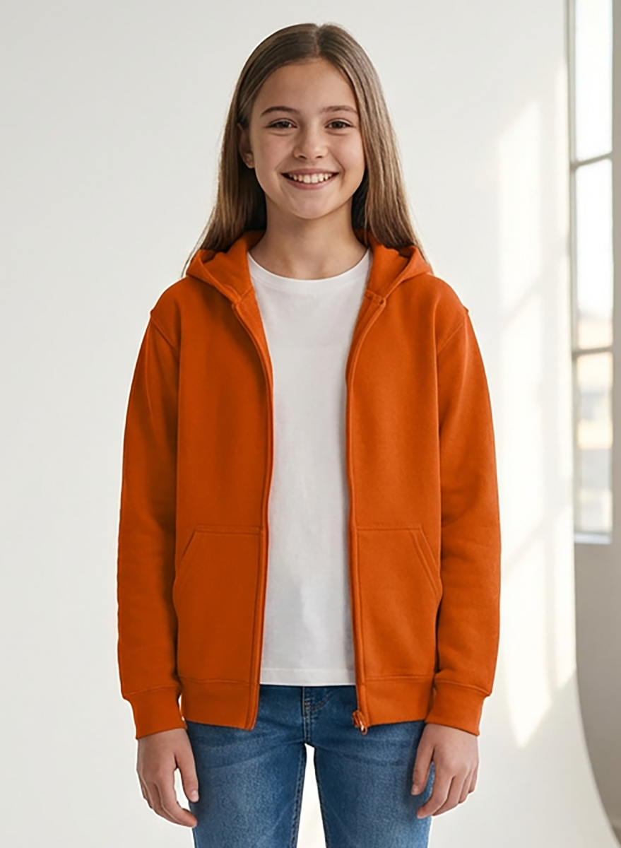 Kids' Core Fleece Full Zip in Orange – model front
