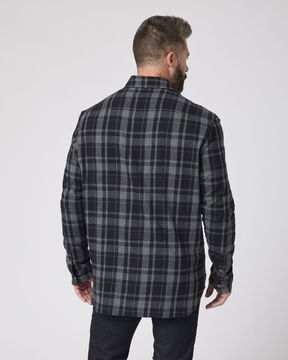 Boxercraft BU7401 Flannel Button-Down Shirt - Black Jordan Plaid - Model Back | Black Jordan Plaid